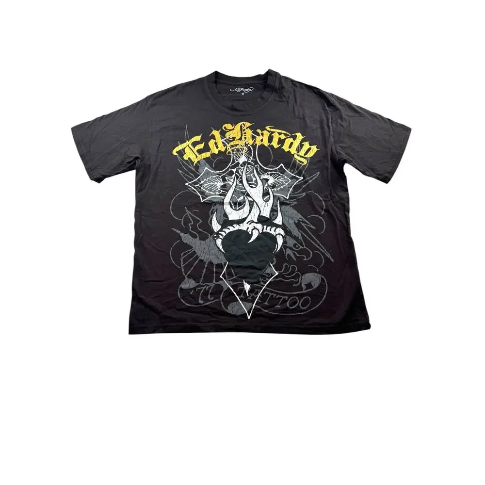 Ed Hardy Cross Heart Boxy T Shirt Archival Tattoo Mens M Black Short Sleeve Y2K